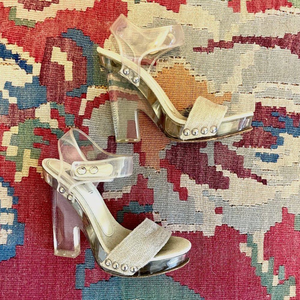 PRADA SP10 Clear PVC Platform Heels Beige Burlap Raffia Strap, sz 38.5